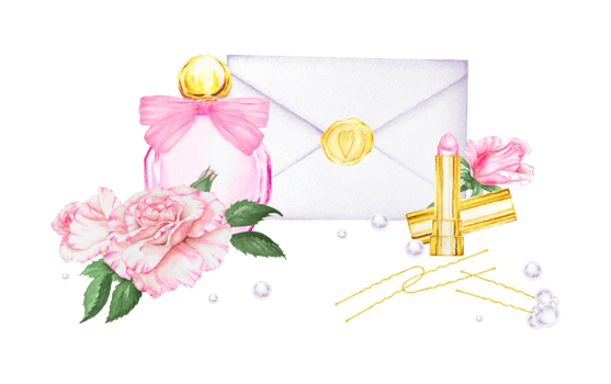 A romantic watercolor composition with perfume bottle, pink roses, lipstick and love letter. A perfect element for wedding invitations, branding, beauty packaging, greeting cards and romantic projects png