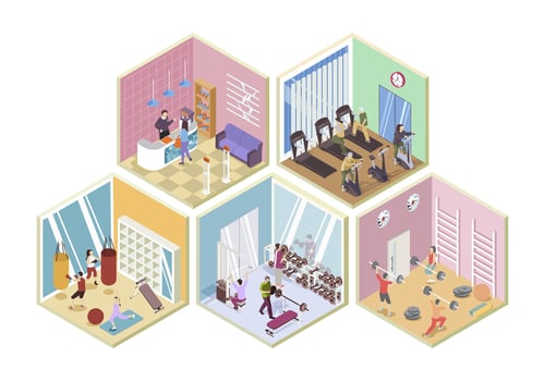 Fitness gym 3d isometric rooms concept in isometry graphic design for web. People registering at sport club reception, training at treadmills, boxing or weightlifting, doing yoga. illustration. vector