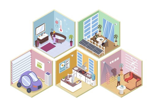 Smart home 3d isometric rooms concept in isometry graphic design for web. People using home automation system with thermostats and solar panels, electric car charging in garage. illustration. vector