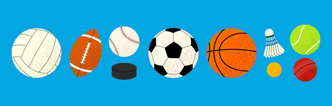Set balls for different sports and recreational activities. Sports equipment for playing in football, basketball, volleyball, American football, hockey, badbinton, cricket, baseball. vector