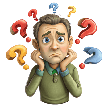 Confused adult male thinking deeply with question marks png