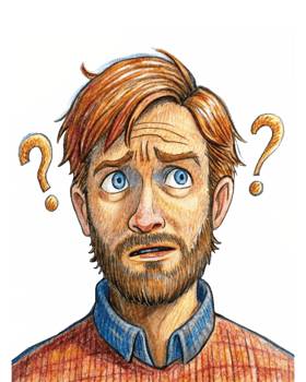 Man wondering about something with floating question marks png