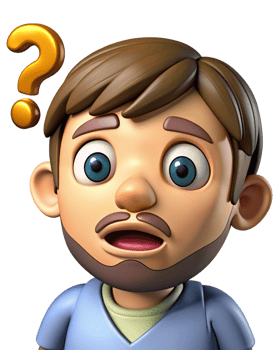 Young man confused with big question marks around png