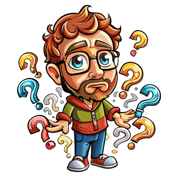 Uncertain male character surrounded by question marks png