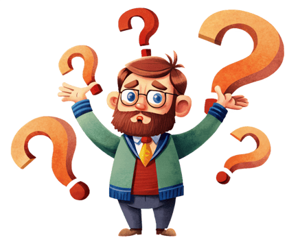 Thoughtful man surrounded by multiple question marks png