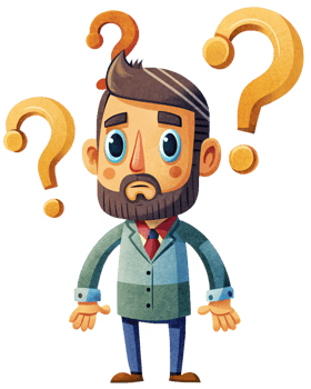 Uncertain man thinking with floating question marks png