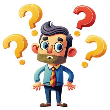 Confused man with question marks on transparent background png