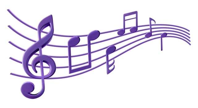 Music note sheet, lines of staff for musical concert, karaoke singing or radio listening. Wavy swirl as melody flow. Illustration in 3d cartoon, shiny metallic render. Jazz band, rock roll party dance vector