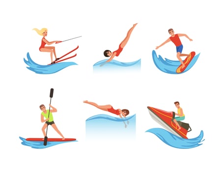 Man and Woman Enjoying Water Sport Activity Swimming, Diving, Sailing Boat and Surfboarding Set vector