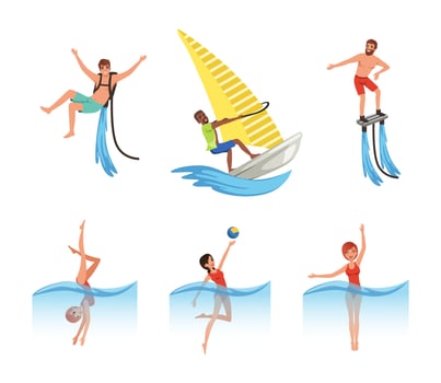 Man and Woman Enjoying Water Sport Activity Swimming, Diving and Windsurfing Set vector