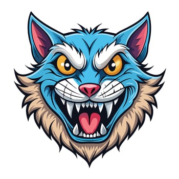 the head of a blue cat with fangs white background vector