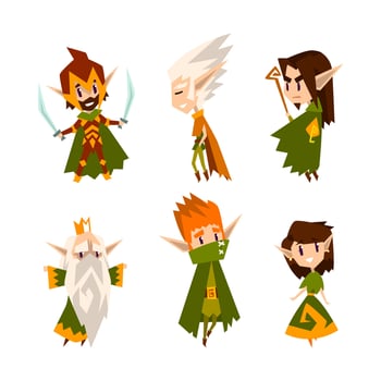 Cute Forest Elves as Fairytale Magic Characters with Pointed Ears in Green Clothes Set vector