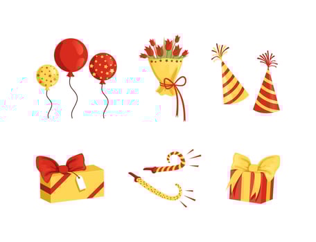 Gift Box, Cap, Whistle, Balloons and Bouquet of Flowers as Birthday Party Attribute Set vector