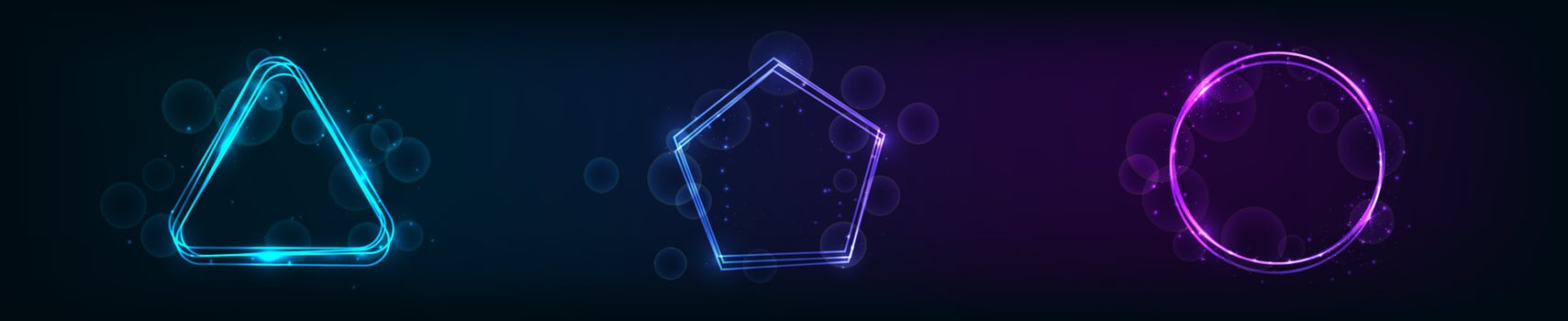 Set of three neon frames with shining effects and sparkles on background. Empty techno backdrop. illustration vector