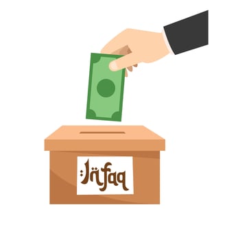 Sack labeled zakat with gold coins scattered around, ideal for Islamic finance concept, charity organizations, religious events, financial services. vector