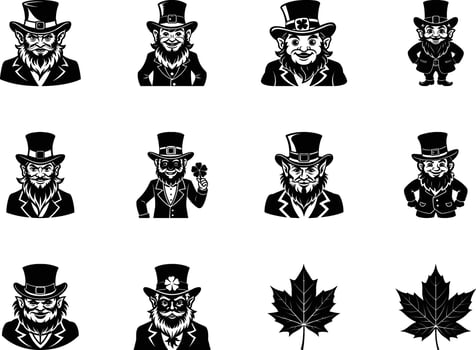 Leprechaun Design Elements Black and White Illustrations for St. Patrick's Day vector