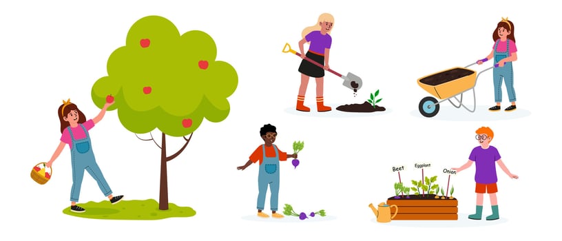 Kids engaging in gardening activities and harvesting fruits in a vibrant outdoor setting vector