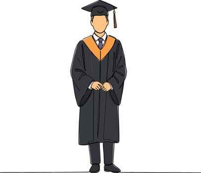 Graduate wearing black gown and cap with orange accents in minimal illustration vector