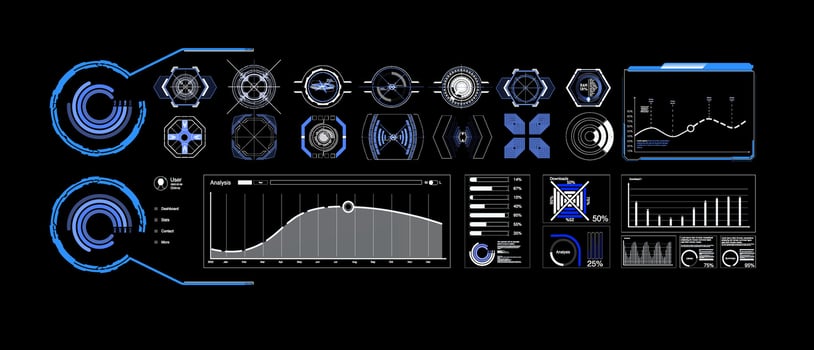 Detailed dashboard displaying analytical data with various graphs and icons for data visualization. vector