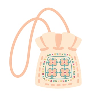 Knitted trendy woman hand bag isolated. Fashion women shoulder bag with long handgrip. Bag icon. Female Crochet purse with strap and pattern. Woman accessories. Handicraft. illustration vector