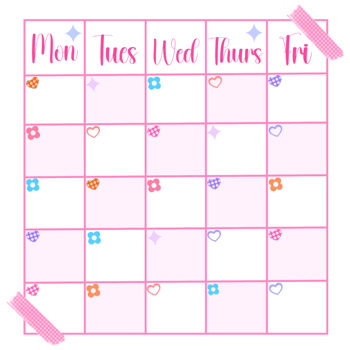 Pink weekly calendar template with cute hearts, stars and flowers png