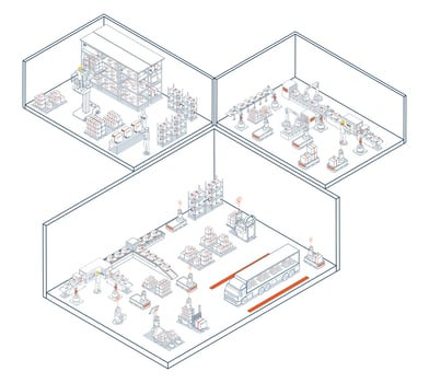 Smart Warehouse Technology and Industry 4.0. Utilizing AGVs and AMRs for efficient automated material handling, logistics, and transportation operations in modern warehouse automation systems. vector