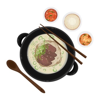 Illustration Logo Clipart Top View Seolleongtang Traditional Korean Beef Bone Soup With Rice and Side Dish vector