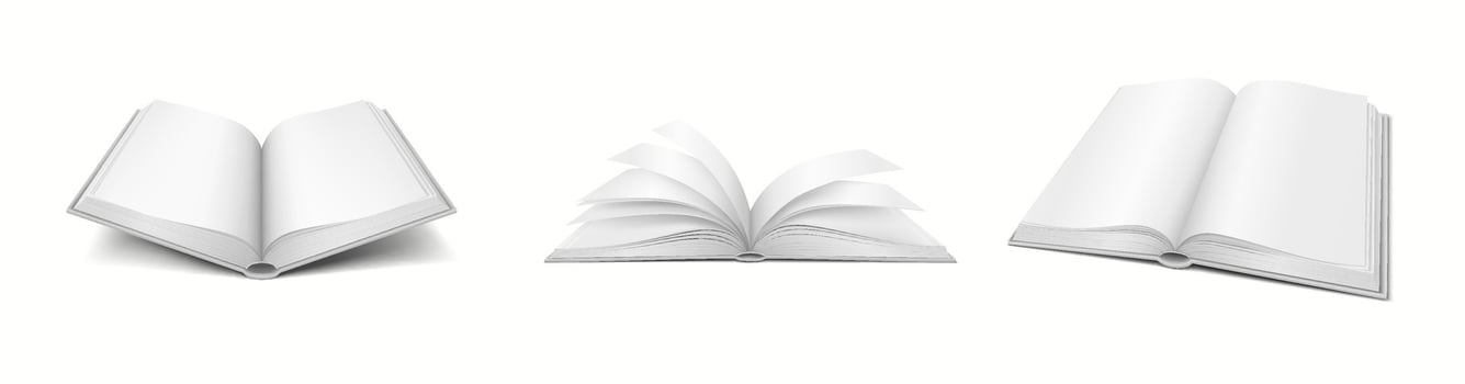 Realistic 3D mockup of a blank book with turning pages, ideal for showcasing books with dynamic elements. vector