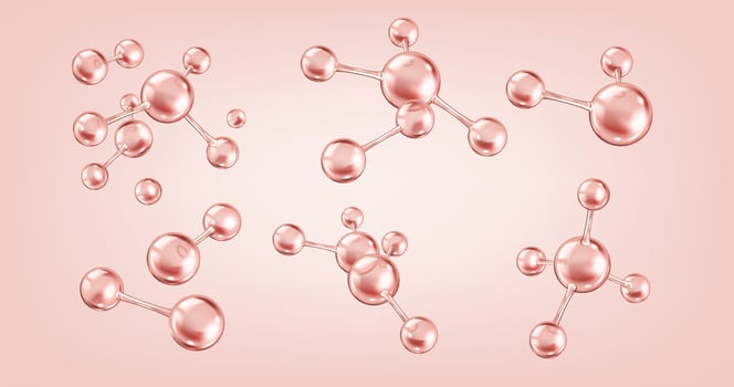 Collagen molecules with glossy effect realistic color icons set. Scientific elegant composition for beauty 3d objects bundle on pink vector