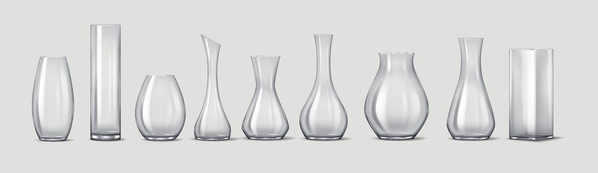 Realistic 3D illustration of a collection of various glass vases in unique shapes and sizes. Suitable for home decor, floral arrangements, and interior styling. vector