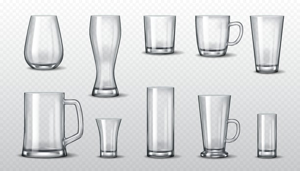 Realistic 3D illustration of a set of various glass cups and mugs in different shapes and sizes. Perfect for beverage-related design, advertising, and product mockups. vector