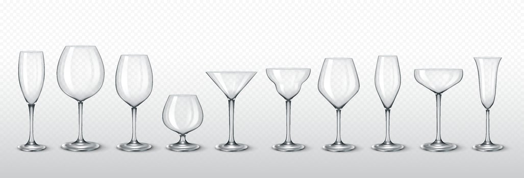 Realistic 3D illustration of various glass wine, champagne, and cocktail glasses. Ideal for bar, restaurant, and beverage presentation. vector