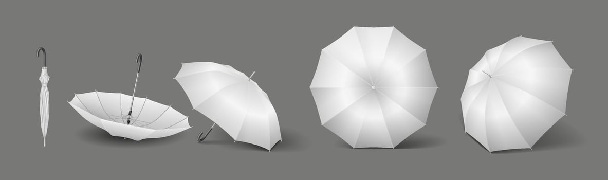 White umbrella-canes mockup realistic color icons set. Protection from weather conditions accessories 3d objects bundle on dark grey vector
