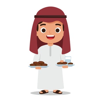Islamic Festive Moment with Muslim Man Offering Tasty Iftar Snacks vector