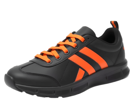 Black running shoe with orange shoelaces isolated on transparent background png
