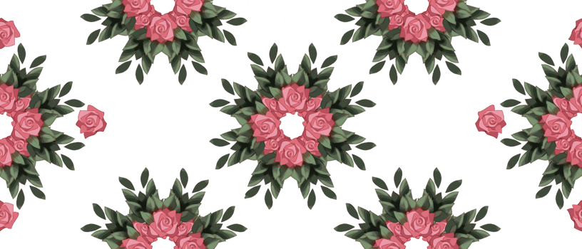 seamless floral pattern with symmetrical pink roses and lush green leaves arranged in a geometric style fit for fabric print, wallpaper, gift wrapping, home decor png