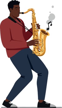 A young man playing a golden saxophone in a lively atmosphere, showcasing his passion for music in a flat illustration vector