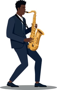 A talented musician playing a golden saxophone in a sleek black suit, showcasing a lively and energetic performance in flat art vector