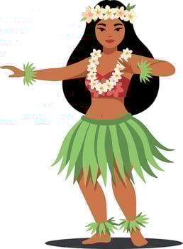 Hula dancer gracefully performing traditional dance in vibrant attire featuring green grass skirt, floral accessories, and flat design style illustration vector