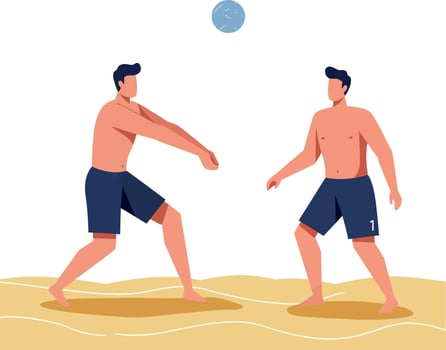 Two athletic men playing beach volleyball on sandy shore in a flat design style art vector