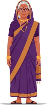 Elderly woman dressed in traditional purple saree with intricate designs, wearing glasses and jewelry, standing confidently in a flat illustration vector