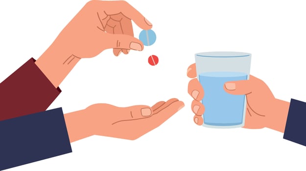 Hands exchanging colorful pills with a glass of water in a minimal and modern design style illustration vector