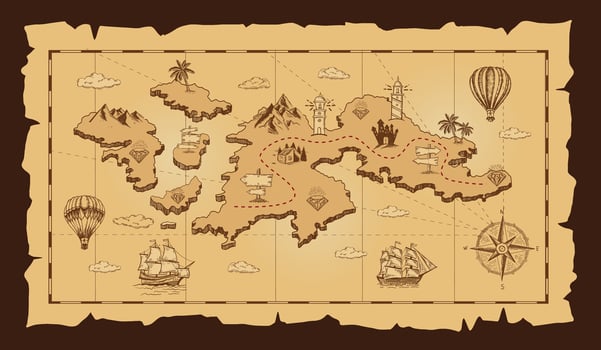 Old pirate treasure map, Hand drawn illustrations vector