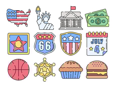 USA-themed flat design illustration set featuring national symbols like the Statue of Liberty, Route 66, July 4th, and American food, ideal for patriotic designs, travel content, and holiday graphics. vector