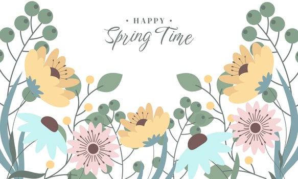 Hello Spring Background with Hand Drawn Flowers. Cute Template for Spring or Summer Banner. Hand Drawn Floral Art Poster for Womens Day March 8, Birthday, Mothers Day, Weddings, Sale, Invitation, Web vector
