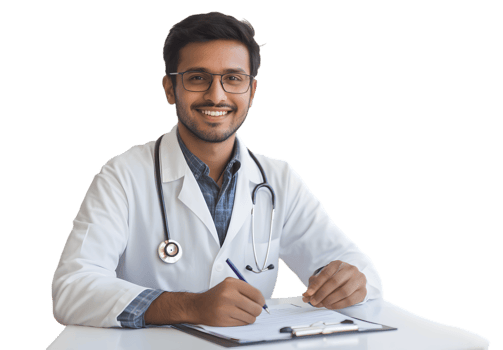 Smiling doctor writing transparent background png
