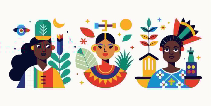 A colorful illustration of three women with different ethnic clothing vector