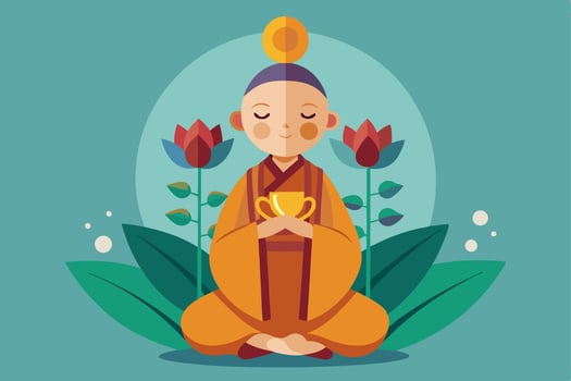 A buddha sitting in meditation with a cup of tea vector
