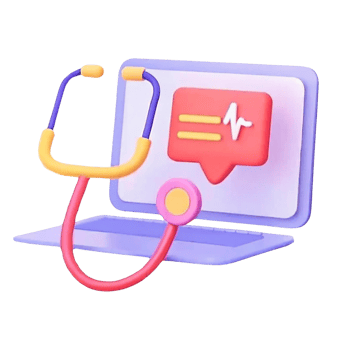 Colorful illustration of telehealth with a stethoscope and screen. png