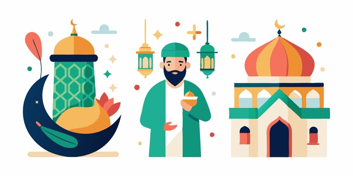 Islamic illustration with a man in a mosque and a mosque vector